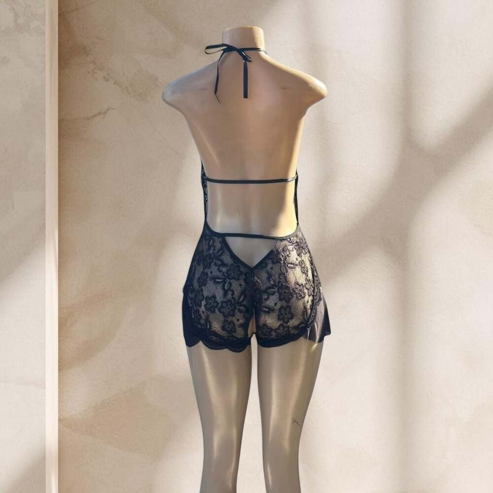 Black Lace Bodysuit Lingerie – Halter Deep V Sheer Ruffle Detail Sexy ✧ L - Picture 4 of 4